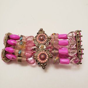 Beaded Stretch Bangle Bracelet Pink Glass Hippie Boho Cha Cha funky multi strand